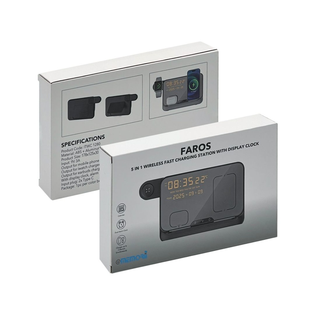 FAROS - @memorii 5 in 1 Wireless Fast Charging Station with Display Clock - Black